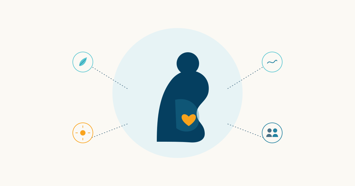 Illustrated pregnant silhouette in navy with a small orange heart over the belly, connected by dotted lines to four small icons representing calm, connection, and support, in Synapse Mind Clinics' navy, teal, and orange brand colors