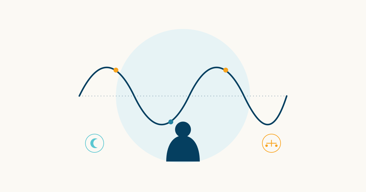 Illustrated navy mood wave rising and falling around a calm seated silhouette, with small moon and balance icons in teal and orange, in Synapse Mind Clinics' brand colors