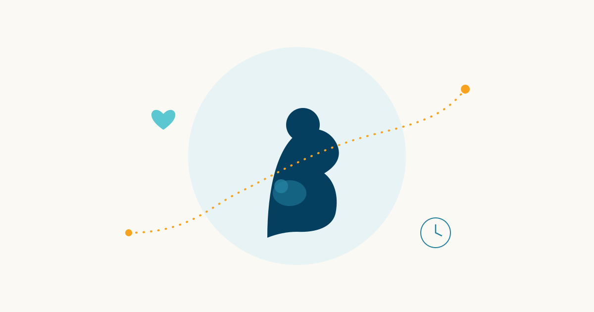 Illustrated pregnant silhouette in navy holding a small bundle, with a soft orange dotted upward line suggesting gradual recovery, a teal heart, and a small clock icon, in Synapse Mind Clinics' navy, teal, and orange brand colors