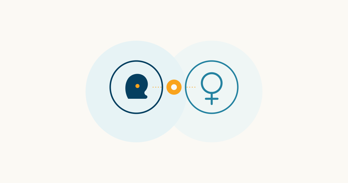 Two overlapping teal circles containing a navy head-profile icon and a teal female symbol, connected by a small orange node, in Synapse Mind Clinics' brand colors