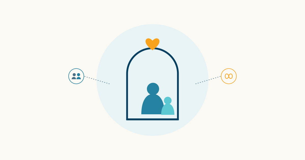 Illustrated navy archway sheltering a mother and child silhouette in teal, with a small orange heart above and family and continuity icons alongside, in Synapse Mind Clinics' brand colors